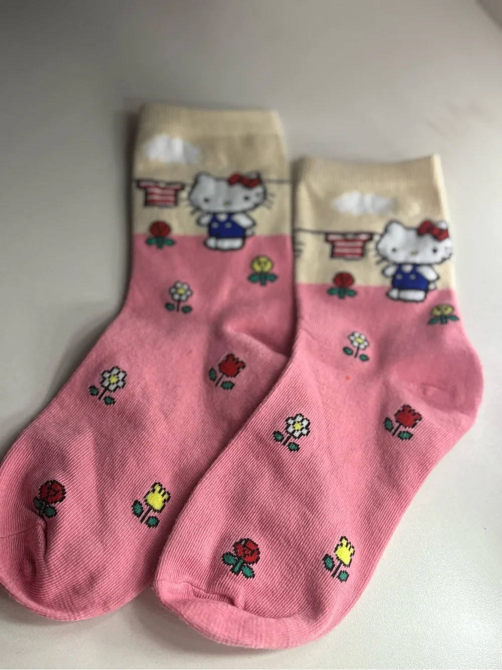 Hello Kitty Pink and Cream Crew Socks with Floral Print